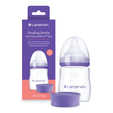 Lansinoh Cumisüveg lassú folyású etetőcumival + fedéllel, 160 ml