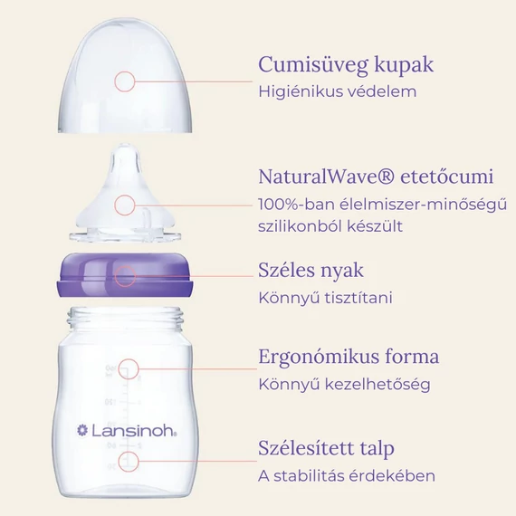 Lansinoh 2 db cumisüveg közepes folyású etetőcumival + 2 db fedéllel, 240 ml