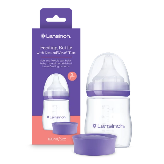 Lansinoh Cumisüveg lassú folyású etetőcumival + fedéllel, 160 ml