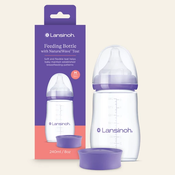 Lansinoh Cumisüveg közepes folyású etetőcumival + fedéllel, 240 ml