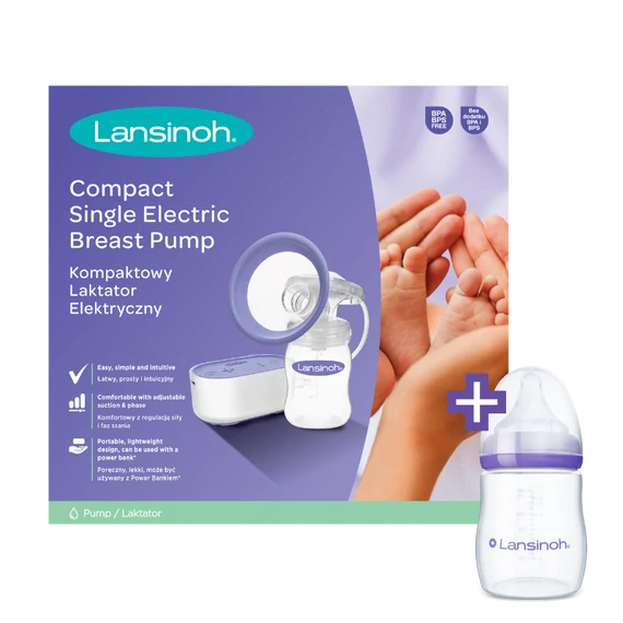 Lansinoh 2 fázisú kompakt elektromos mellszívó + 160ml cumisüveg szettben
